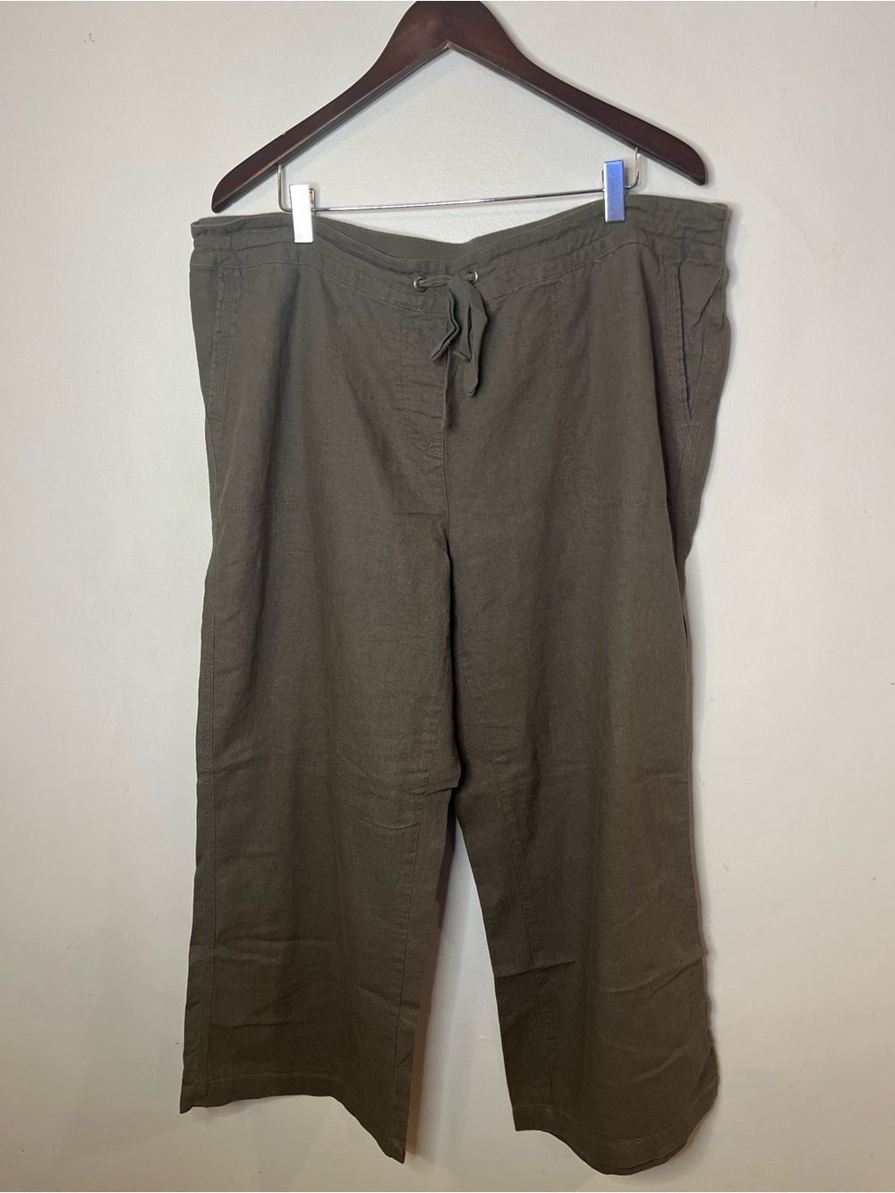 Per Se Women’s Linen Blend Pants Drawstring Pockets 1X Olive Green
